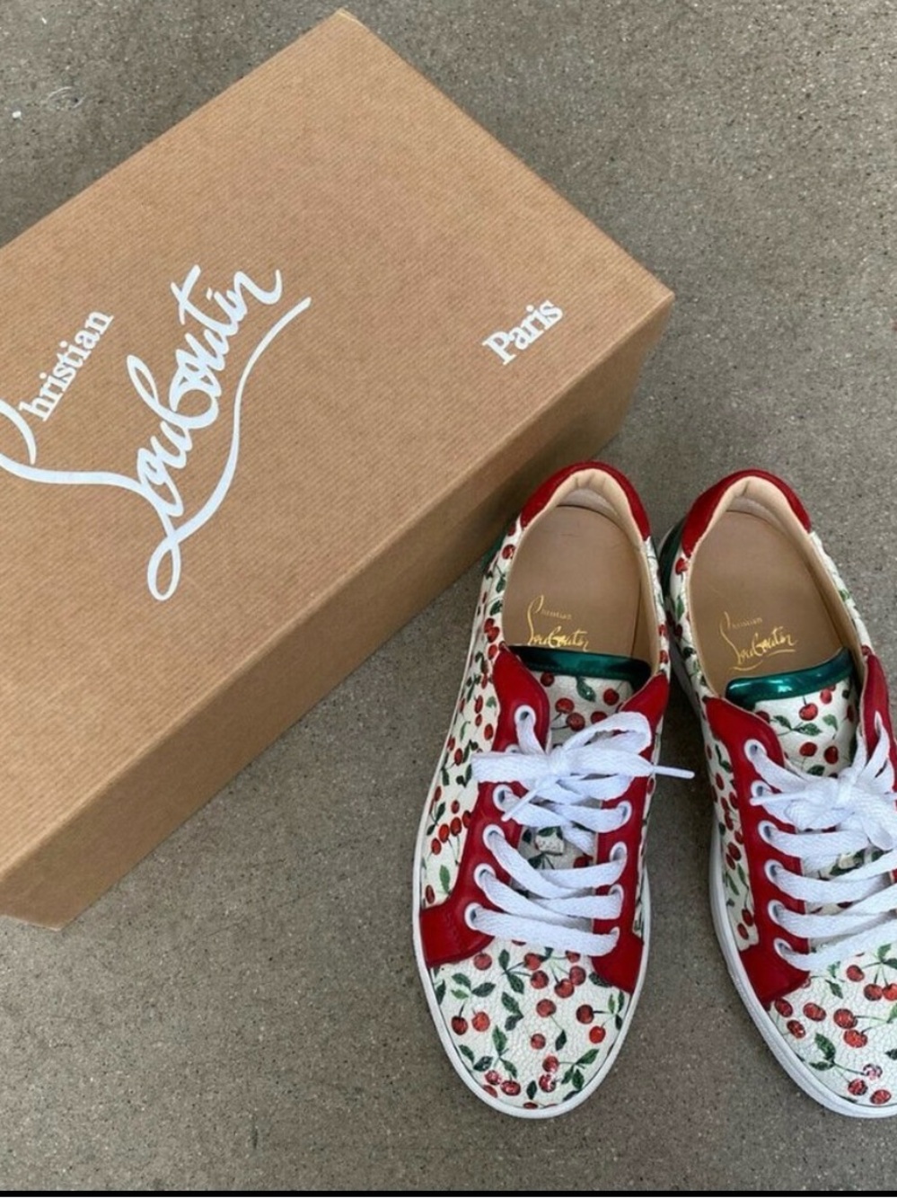 Christian Louboutin Vieira cherry print sneakers, crackled leather, size 35.5.